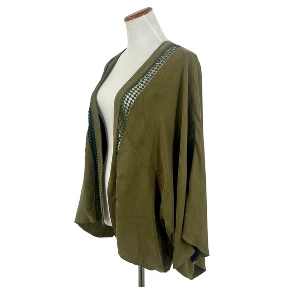 Free People Boho Kimono Jacket | Olive Green Flowy Duster Open Front Cottagecore - Picture 7 of 15